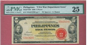 Five Pesos Treasury Certificate USA War Department Issue P-83b graded by PMG as Very Fine 25. Banknote
