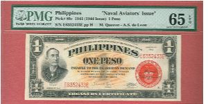 One peso Treasury Certificate  Naval Aviator's Issue P-89c graded by PMG as Gem UNC 65 EPQ. Banknote