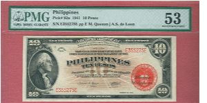 Ten pesos Treasury certificate P-92a graded by PMG as About UNC 53. Banknote
