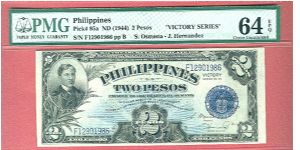 Two Pesos Victory Series 66 P-95a graded by PMG as Choice UNC 64 EPQ. Banknote