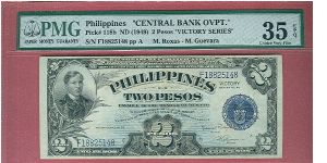 Two Pesos Victory with Central Bank Oveprint P-118b graded by PMG as Choice Very Fine 35. Banknote