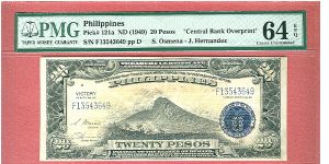 Twenty Pesos Victory Series 66 with Central Bank Overprint P-121a graded by PMG as Choice UNC 64 EPQ. Banknote