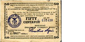 50 centavo 
Emergency Money
Mindanao 
Blue seal
narrow date I think Banknote