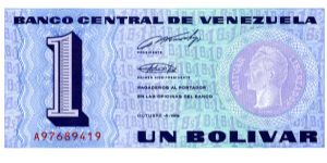 1 Bolivar
Purple/Green
Value & Simon Bolivar 
Coat of arms & value Banknote