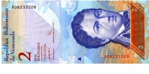 2 Bolivares
Blue/Brown
Francisco de Miranda & ships
Coat of arms & two Orinoco River Dolphins avd Medanos de Coros National park
Security thread
Wtmark F de Miranda Banknote