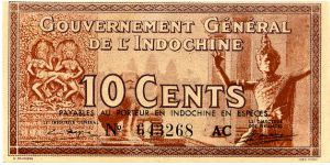 French Indochina

10 Cents
Redbrown
Temple & Dancer, Value
Village scene Banknote