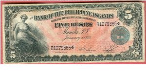 Five Pesos Bank of the Philippine Islands P-7b. Banknote