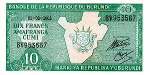 10 Francs
Green
Sig Le Gouverneur
Le 2eme Vice Gouverneur 
Map of Burundi with Arms 
Text & geometric patterm
Security thread Banknote