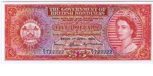 BRITISH HONDURAS=
 $5 QEII Banknote