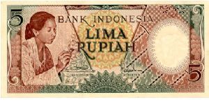 5 Rupiah
Green/Redbrown
Woman applying wax to cloth (batiking)
Indonesian traditional house
Wtrmrk Buffalo Banknote