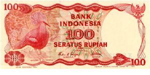100 Rupiah
Red
Victoria crowned pigeon 
Asahan Dam
Wtrmrk Coat of arms Banknote