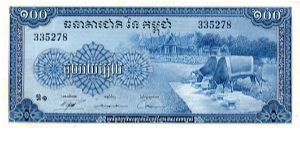 Kingdom of
Cambodia

100 Riels
Blue 
Sig #12
Two oxen feeding with temple in background
Three ceremonial women Banknote