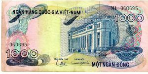 South Vietnam

1,000 Dong
Green/Blue/Red 
National Bank Building
Geometric pattern
Security thread
Wtrmrk Tran Hung Dao Banknote