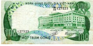 South Vietnam

100 Dong 
Green
Independence Palace
Farmer riding Water Buffalo in river
Security thread
Wtrmrk Vietnamese lady Banknote