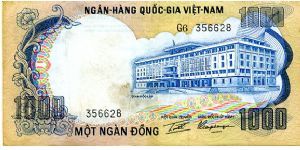 South Vietnam

1,000 Dong 
Multi
Independence Palace
Three Elephants and riders at river bank
Security thread
Wtrmrk Vietnamese lady Banknote