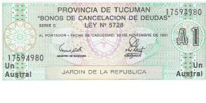 UN AUSTRAL
SERIE C
LEY No 5728

17594980 Banknote