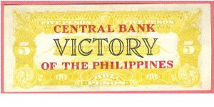 Five Pesos Victory series 66 with central Bank Overprint P-119a. Banknote