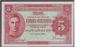 1941 Malaya 5 Cents Variety B & E Banknote