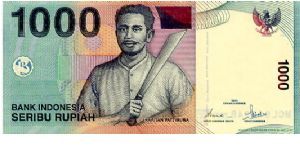 1000 Rupiah 
Green/Blue/Pink
Captain Pattimura holding machetee (real name - Thomas Matulesi)
Maitara and Tidore islands in Maluku (Moluccas) & fishing scene
Wtmrk Woman Banknote