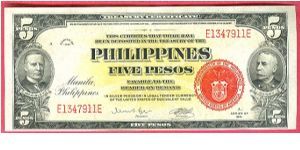 Five Pesos Treasury Certificate released to the Navy Department as Aviators' Emergency Money Packets P-91c (2 of 3 consecutive notes) Rare. Banknote