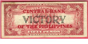Fifty pesos Victory series 66 with Central Bank of the Philippines ovpt., thick letters P-122c. Banknote