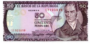 50 pesos
Purple/Yellow/Aqua 
1/1/86
Camilo Torres
Arms & columbian orchids Banknote