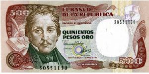 500 pesos
Brown/Green
Brigadier General Francisco José de Paula Santander y Omaña 5th President of New Granada 1832 to 1836 
Casa De Moneda with coin press, Santa Fe de Bogatar
Security thread
Wtrmrk S Bolivar Banknote