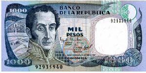 1000 pesos
Blue/Black
Simón José Antonio de la Santísima Trinidad de Bolívar y Palacios Blanco El Libertador
1st President of Greater Colombia
2nd & 3rd President of Venezuela 
1st President of Bolivia
6th President of Peru
1st President of the Republic of Colombia
Statue to the heros of Del Pantano de Varga 1819
Security thread
Wtrmrk S Bolivar Banknote