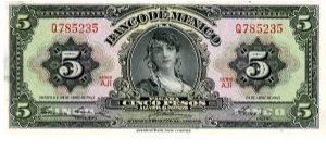 5 Pesos
Black/Green/Pink
Gypsy woman
Statue of Victory and orange seals Banknote