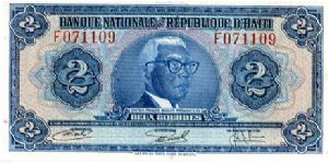 2 Gourdes
Blue
Pres. Dr. Francois Duvalier
Value & coat of arms
Wtrmrk
ABNC Banknote