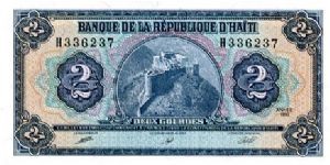 2 Gourdes 
Blue
Hilltop Castle
Value & coat of arms
Wtrmrk
USBC Banknote