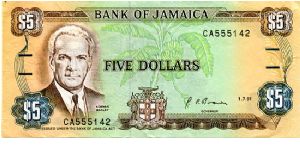 $5
Brown/Green
Governer G. Arthur Brown
Norman Manley & banana tree above coat of arms
Old Parliament building
Security thread
Wtrmrk Pineapple
T de la Rue Banknote