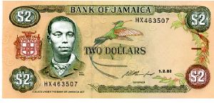 $2
Brown/Green/Pink
Governer R. Rainsford 
Paul Bogle, Red-billed streamertail (Doctor Bird) & Blue Mahoe (Hibiscus elatus)
Schoolchildren 
Security thread
Wtrmrk Pineapple
T de la Rue Banknote