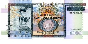 1000 Francs
Multi
Coffee plant, cows & coat of arms
A Prison
Security thread
Wtmrk Prince Rwagasore Banknote