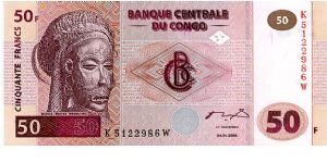 50 Francs
Purple/Orange
Native in headdress & nask
Village scene
Security thread
Wtmrk Okapi Banknote