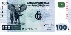 100 Francs
Blue/Green
Elephant
Hydro electric dam
Security thread
Wtmrk Okapi Banknote