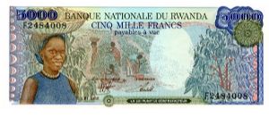 5000 Francs 
Multi
Coffee plantation harvesting scene
Banana trees & View of Lake Kivu
Wtmrk Antelope Banknote
