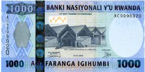 1000 Francs
Blue/Green
Rwanda National Museum
Monkey in the Parc des Volcans
Security thread
Wtmrk BNR logo Banknote