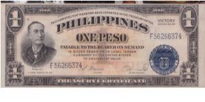 1949 PHILIPPINES TREASURY NOTE BLUE SEAL 1 PESO  VICTORY SERIES

THIS NOTE HAS *CENTRAL BANK OF THE PHILIPPINES* OVERPRINT AND ALSO HAS THE *VICTORY* OVERPRINT Banknote