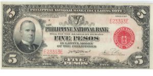 1937 PHILIPPINE NATIONAL BANK CIRCULATING NOTE *RED SEAL* 5 PESOS Banknote