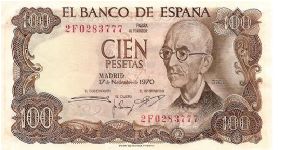 100 pesetas; Noverber 17, 1970 Banknote