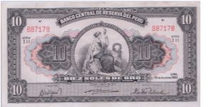 1953 BANCO CENTRAL DE RESERVA DEL PERU 10 *DIEZ* SOLES Banknote