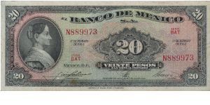 1965 BANCO DE MEXICO 20 *VENTE* PESOS

NICE PURPLE STAMPS ON REVERSE


P54i Banknote