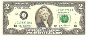 Federal Reserve Note; 2 dollars; Series 2003A (Cabral/Snow) Banknote