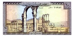 10 livres 
Purple 
Ruins of Anjar
Rocks at sea
Thomas De La Rue
Security thread
Wtrmk mans head Banknote