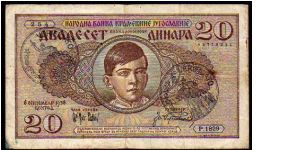 

20 Dinara__
Pk R11__

Italian Occupation of Montenegro__
Handstamp  # VERIFICATO #__ 1941 Banknote