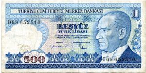 500 Lirasi
Blue/Brown/Purple
President Kemil Atatürk
Izmir Clock tower
Security thread
Wtrmk Kemil Atatürk Banknote