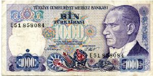 1000 Lirasi
Purple/Blue
Series E
President Kemil Atatürk
Istanbul; Fatih Sultan Mehmet
Security thread
Wtrmk Kemil Atatürk Banknote