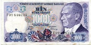 1000 Lirasi
Purple/Blue
Series F
President Kemil Atatürk
Istanbul; Fatih Sultan Mehmet
Security thread
Wtrmk Kemil Atatürk Banknote