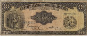 PI-136 Central Bank of the Philippines 10 Pesos note with RARE signature group 2. Banknote